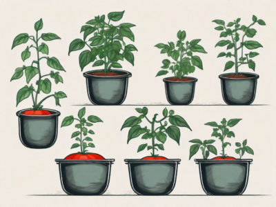 Different sized containers with tomato plants at various stages of growth