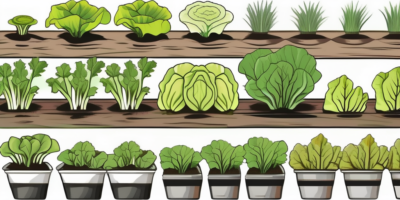 Various types of lettuce plants at different growth stages in a garden setting