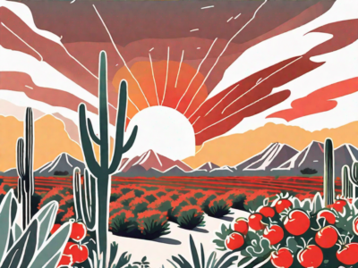 A sun-soaked arizona landscape with a vibrant tomato garden flourishing amidst the desert flora