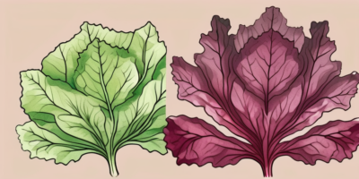 An oak leaf lettuce and a ruby lettuce side by side