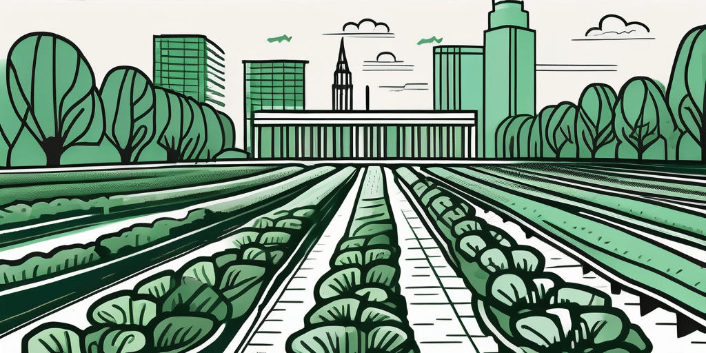A vibrant spinach garden with a backdrop of ohio's iconic landmarks