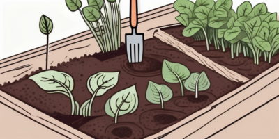 A garden scene showing different stages of spinach growth and a gardening tool next to a dug hole