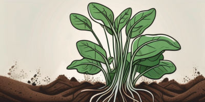 A spinach plant with visible roots in nutrient-rich soil