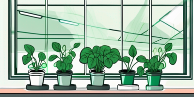 An indoor setting with pots of lush olympia spinach growing on a window sill