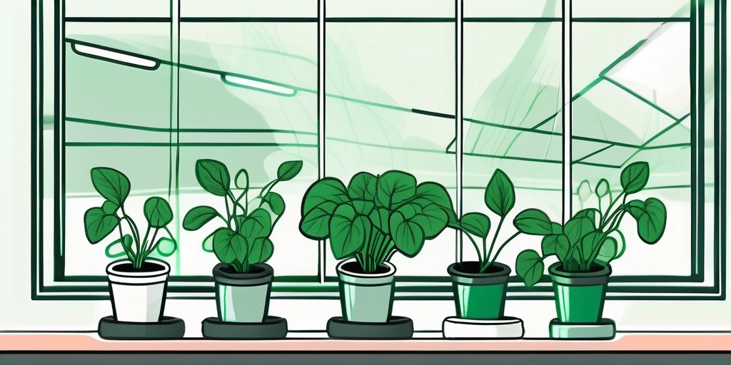 An indoor setting with pots of lush olympia spinach growing on a window sill