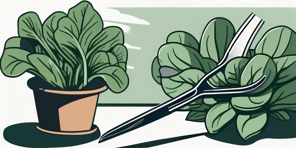 A mature spinach plant in a garden setting with a pair of gardening shears nearby