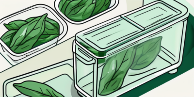 Fresh american spinach leaves being stored in a glass container with a lid