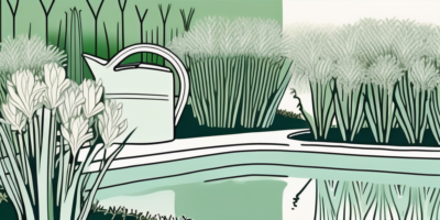 A watering can gently pouring water onto a bed of thriving lancelot leeks in a garden setting