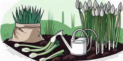 A garden scene showcasing lancelot leeks growing healthily with a bag of fertilizer and a watering can nearby