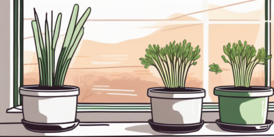 A pot with leek seedlings sprouting indoors near a sunny window