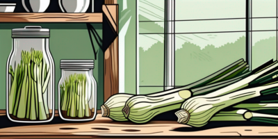 Fresh leeks being stored in a glass jar