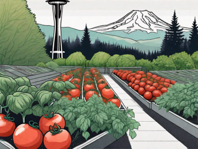 A lush tomato garden with a backdrop of iconic washington state landmarks like mount rainier and the space needle