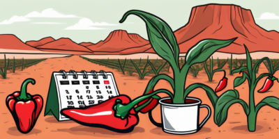 Various types of peppers growing in a desert landscape with a calendar and a watering can nearby to signify the timing and care involved in growing peppers in arizona