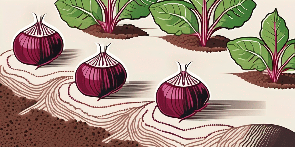 Chioggia beet seeds being sown into fertile soil with a growth progression showing sprouting leaves and a mature chioggia beet with its distinctive red and white rings visible in a cross-section