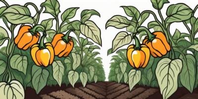 A garden plot with golden bell peppers at various stages of growth