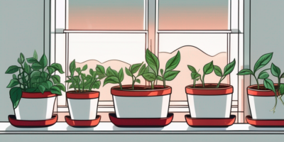 A brightly lit indoor space with pots of growing fresno peppers on the windowsill