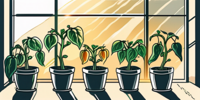 Golden bell peppers growing in indoor pots with sunlight streaming in through a window