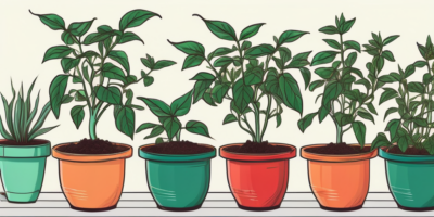 A variety of kung pao pepper plants at different stages of growth in colorful containers and pots