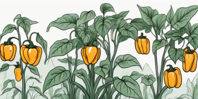 A garden scene featuring golden bell peppers thriving among their companion plants