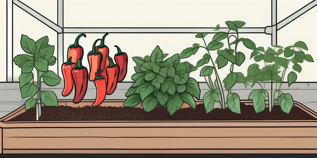 A thriving garden bed filled with kung pao peppers and their companion plants