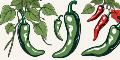 Various types of peppers in different stages of ripeness on a vine