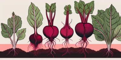 A garden scene featuring red ace beets at various stages of growth