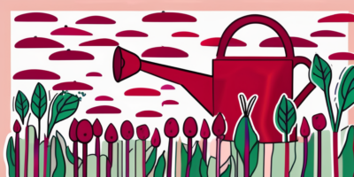 A garden scene with a watering can gently showering water over a vibrant patch of red ace beets