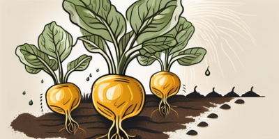 Golden beets growing healthily in soil with a visible layer of fertilizer and a watering can nearby