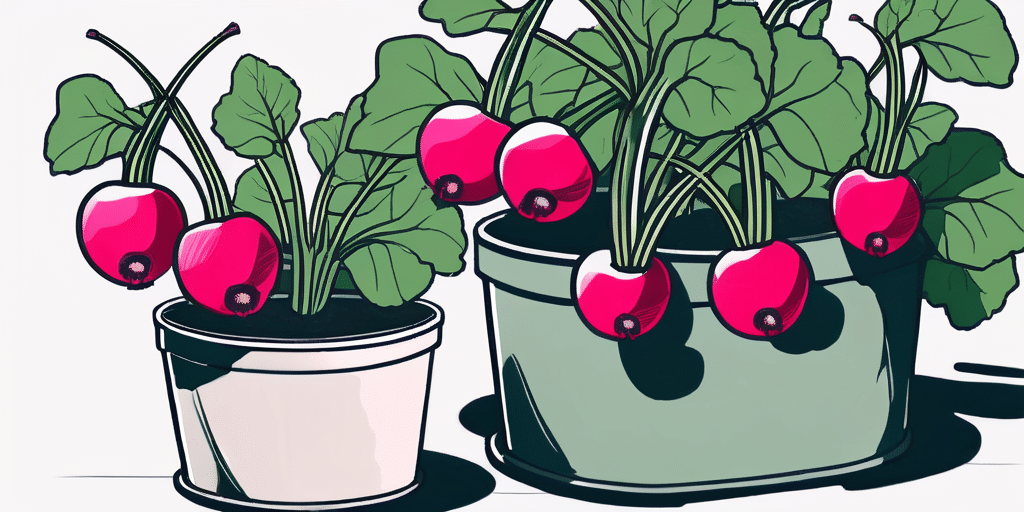 A container and pots filled with healthy cherry belle radishes