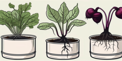 Cylindra beets growing in various stages within a variety of containers and pots