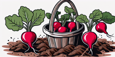 A garden scene showing mature radishes in the soil with their red tops peeking out