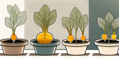 Golden beets growing in various sized containers and pots