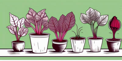 Several red ace beets growing in a variety of containers and pots