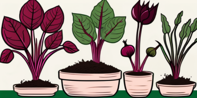 Ruby queen beets growing in various stages within containers and pots