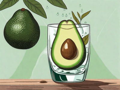 An avocado cut in half next to a sprouting avocado seed in a glass of water