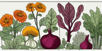 A vibrant garden scene featuring ruby queen beets and their companion plants such as onions