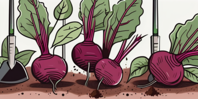 A garden scene showing mature beets with lush leaves protruding from the soil