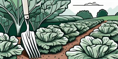 A lush kale plant in a garden bed with the virginia landscape in the background