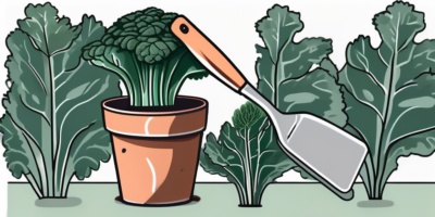 A healthy lacinato kale plant in a garden setting with a gardening trowel and a pot