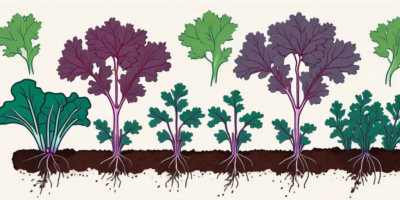 Red russian kale plants at different stages of growth in a garden setting