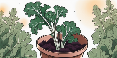 A healthy vates kale plant in a garden shovel