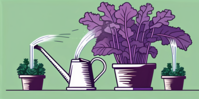 Lush red russian kale plants being watered by a watering can