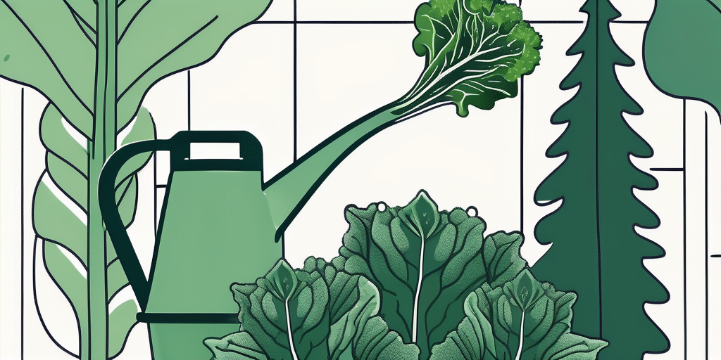 A watering can gently pouring water onto a vibrant toscano kale plant in a garden setting