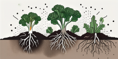 Toscano kale plants in a garden with visible roots and small granules of fertilizer being sprinkled around the base