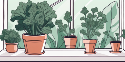 A pot of thriving kale plants near a sunny indoor window