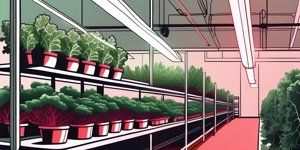 An indoor garden setup with pots of vibrant red russian kale
