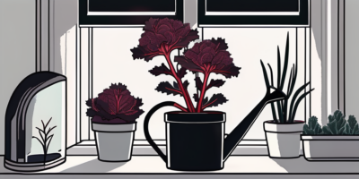 A pot of vibrant red ursa kale growing near a sunny indoor window