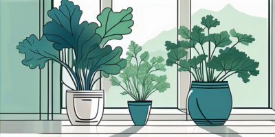 A well-lit indoor setting with pots of mature siberian kale plants near a window