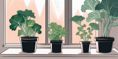 An indoor gardening setup with pots of vates kale at various stages of growth