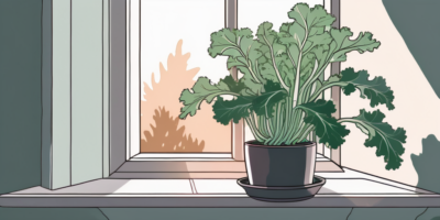 A pot of thriving white russian kale sitting on a windowsill